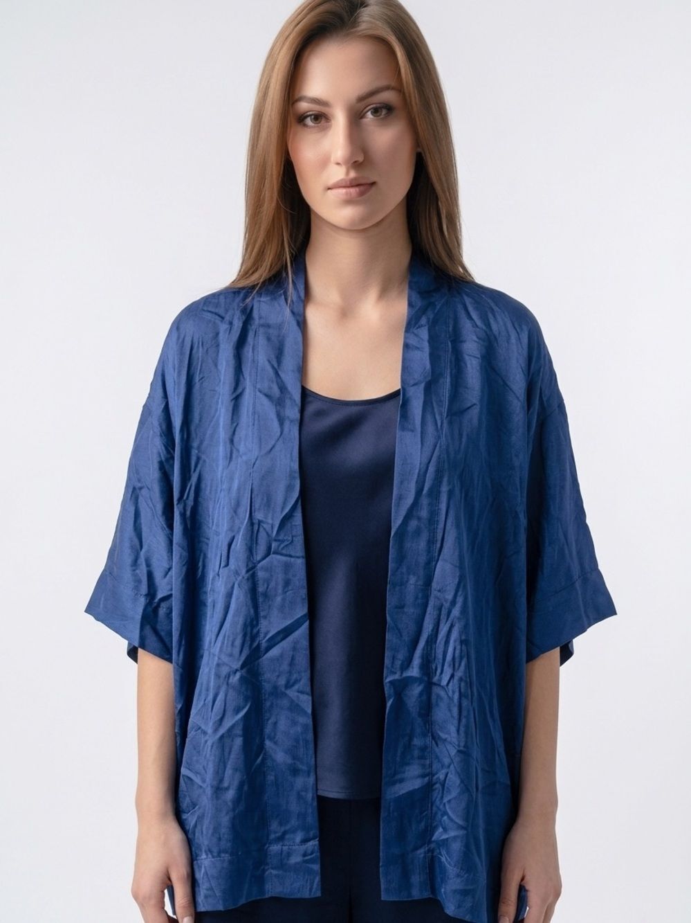 GRETCHEN SCOTT | NEW 100% Silk Navy Blue Open Front Kimono Women’s Size XS/S